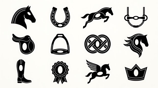 Set of black horse icons including head profiles horseshoe jumping stallion saddle stirrup and riding gear for equestrian sport design elements