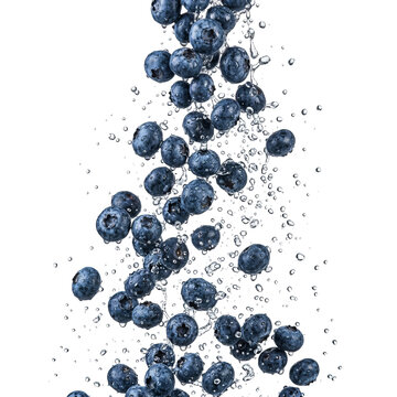 Vivid, dark blue blueberries splash upwards with glistening droplets, isolated on transparent backdrop, ideal for food advertising isolated on transparent background