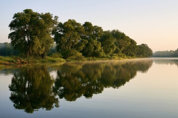 Obraz premium Tranquil water mirror showing dense forest along the riverbank