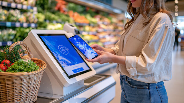 Customer holding a modern smartphone against a contactless payment reader at a supermarket self service checkout, grocery basket beside the kiosk, fresh food aisles in the background, NFC wireless t