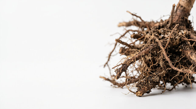 Plant roots with soil on white background