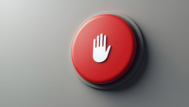 Glossy red circular stop button with white hand symbol isolated on grey background for security control emergency pause danger warning system digital graphic design concept commercial illustration sym