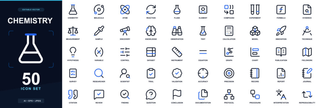 Chemistry icon set with molecule, atom, reaction, flask, laboratory, element and compound; editable outline vector symbols for science, research and laboratory study.