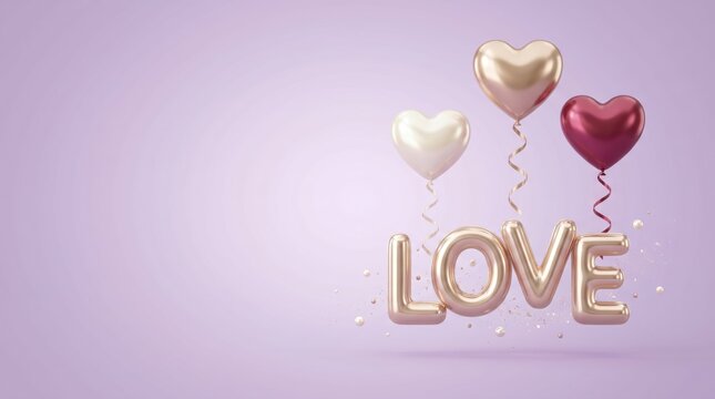 Romantic heart balloons and love text on purple background for Valentine's Day