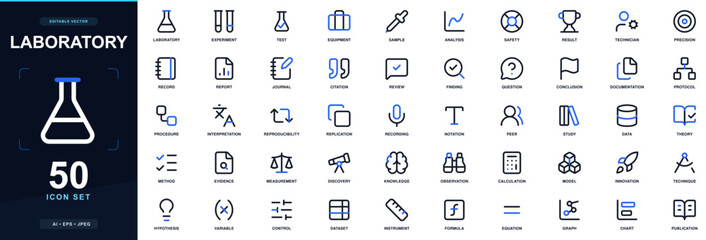 Obraz premium Laboratory icon set with experiment, science, research, test, equipment, sample and analysis; editable outline vector symbols for science, research and laboratory study.
