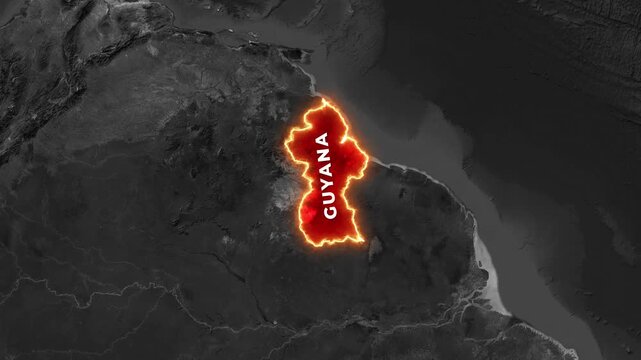 Glowing map of Guyana animation with flag-raising footage