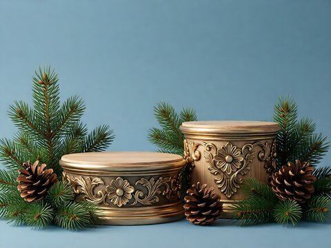 Decorative Ornate Pedestal Display Stand with Pine Branches Holiday Exhibition Stage