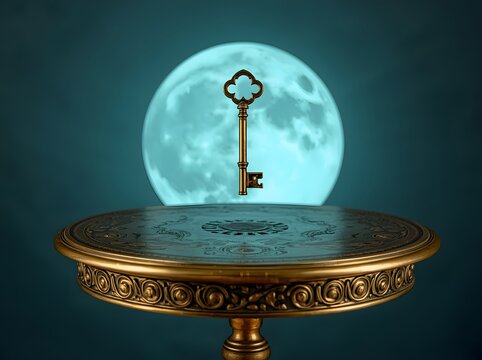 Vintage brass s&eacute;ance table with floating antique key against a glowing full moon background
