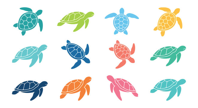 Colorful turtle silhouettes arranged in a grid on a white background
