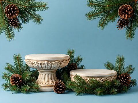Decorative Ornate Pedestal Display Stand with Pine Branches Holiday Exhibition Stage