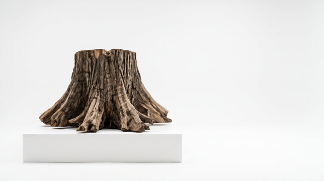 Old tree stump on a white pedestal