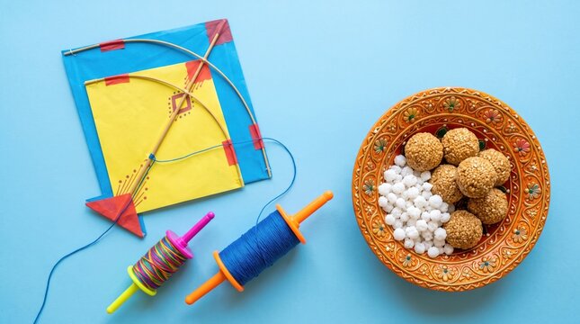 Festive makar sankranti arrangement with a colorful kite, thread spools, and a decorative bowl filled with traditional sesame sweets and sugar candies on a blue background