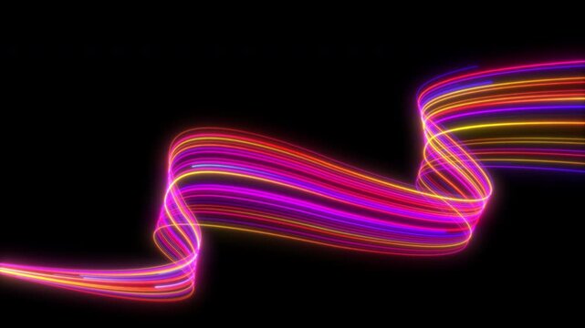 Looping futuristic neon light background featuring vibrant light trails winding around an invisible axis