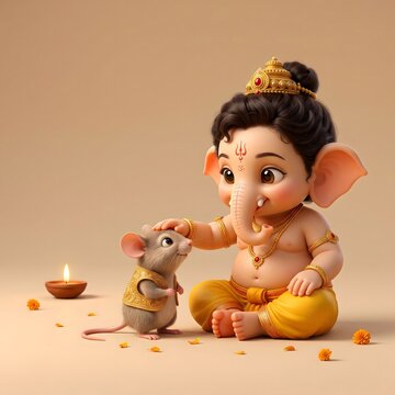 Adorable 3D illustration of baby Lord Ganesh sitting with his mouse vehicle for Ganesh Chaturthi festival, featuring warm lighting, traditional gold ornaments, and spiritual mood.