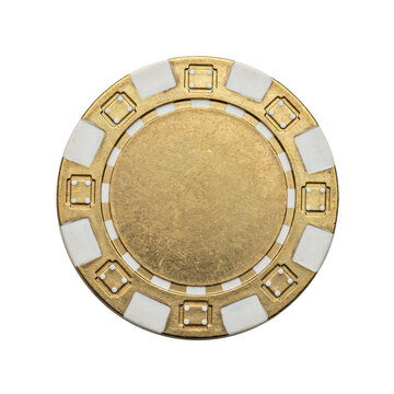 Single round gold casino poker chip with white rectangular inlays and square patterns on the outer rim isolated on a transparent background