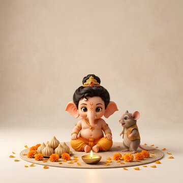 Cute 3D illustration of baby Lord Ganesha sitting with mouse vahana, sweet modaks, and diya lamp, ideal for Ganesh Chaturthi festive greetings and spiritual decorations.
