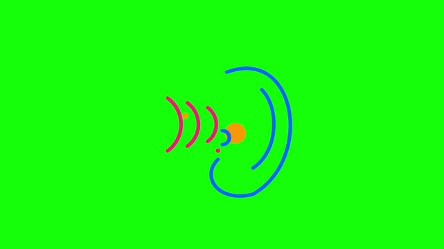 Abstract hearing animation icon featuring a blue outline of a human ear with pink sound wave signals and orange accents isolated on a vibrant green background for audio design.