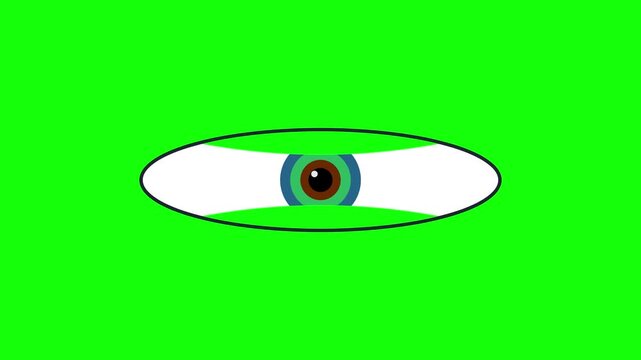 Animation eye icon isolated on a bright green background. Detailed stylized eyeball featuring concentric circles of blue, green, and brown with a black pupil and white highlight.