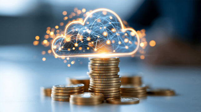 Luminous cloud network icon glowing above stacked coins on a bright clean background illustrating automation performance management digital transformation cloud technology financial