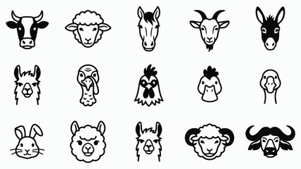 Fototapeta premium A comprehensive vector illustration set featuring various farm animal heads in a simple black and white line style