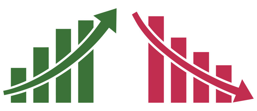 Line growth and decrease graph chart, upward and downward sign for profit loss, revenue trends and business performance vector, design