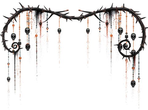 Gothic Halloween border with ornate thorn spirals and hanging skull ornaments on white
