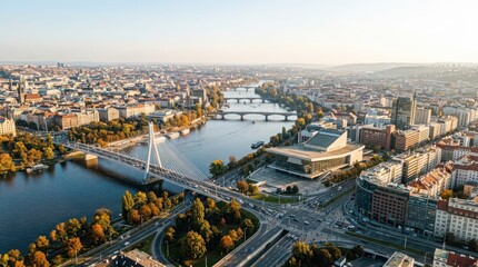 Obraz premium Modern European City Skyline With River And Bridges