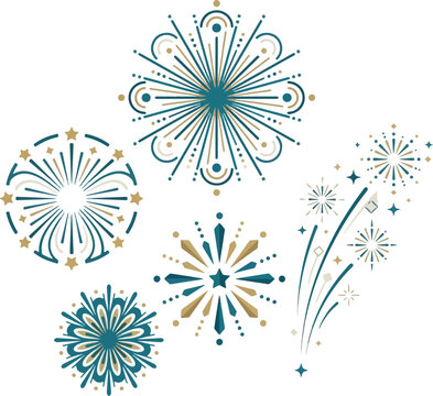 Stylized blue and gold fireworks set for celebration design