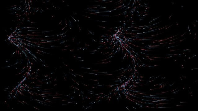 Clifford Strange Attractor Neon Particle Flow Loop, Glowing Red and Blue Chaos Math Lines on Dark Background for Sci-Fi Technology and Cyber Data Visualization