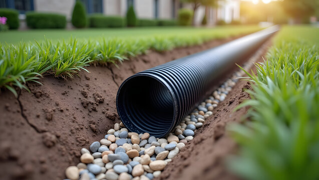 Professional installation of a modern french drain system featuring a corrugated black plastic drainage pipe surrounded by gravel pebbles in a narrow trench excavated through green grass lawn resident