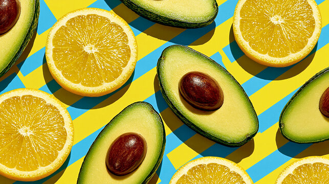 Pattern of sliced avocados and lemon halves on colored stripes with avocado pattern