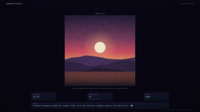 Screen-recording style animation displays a mountain image forming from noise alongside a mock dashboard with prompt text, seed data and captions