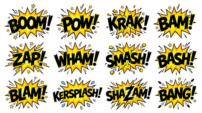 A vibrant collection of twelve comic book style sound effect speech bubbles, featuring onomatopoeic words like BOOM, POW, ZAP, and SMASH in yellow starbursts.