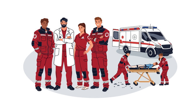 A professional medical emergency response team with an ambulance and stretcher.
