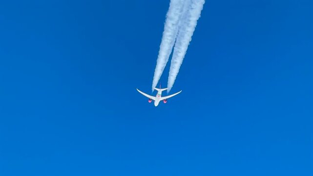 Aerial cockpit view of a wide-body twin-engine jet airplane flying in the upper atmosphere in a transoceanic flight leaving a fading contrail.