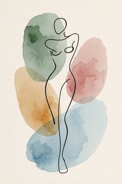 Minimalist line art illustration of female body silhouette. Abstract woman figure with continuous black line drawing over colorful watercolor shapes. Modern boho wall art decor with soft pastel