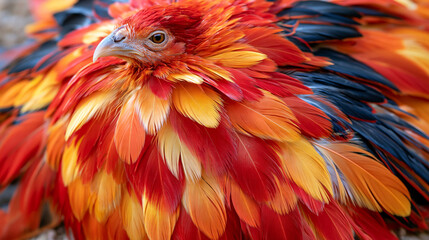 Obraz premium Artistic close up of layered red, orange, yellow, and black feathers arranged against a subtle neutral background, delicate feather edges and rich color transitions emphasized, respectful visual con