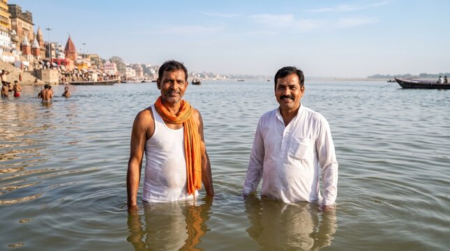 Two indian men standing in the ganges river in varanasi