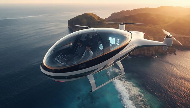 Futuristic tourist sightseeing drone with 360-degree panoramic glass canopy flying over scenic coast