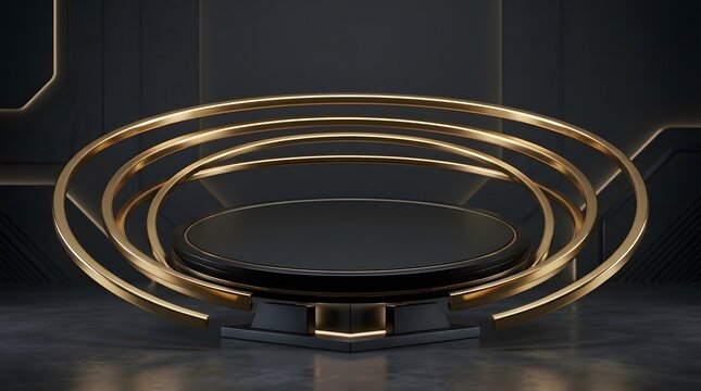 Luxury black product display podium with golden circular rings on dark background for product presentation