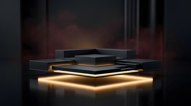 Modern 3d product display podium with glowing orange light, dark minimalist stage for luxury product presentation