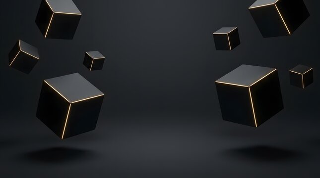 Abstract background with floating black cubes with glowing golden edges in dark space