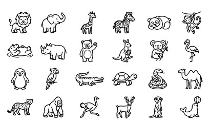 Obraz premium Friendly Zoo Animals Black Outline Vector Icon Collection