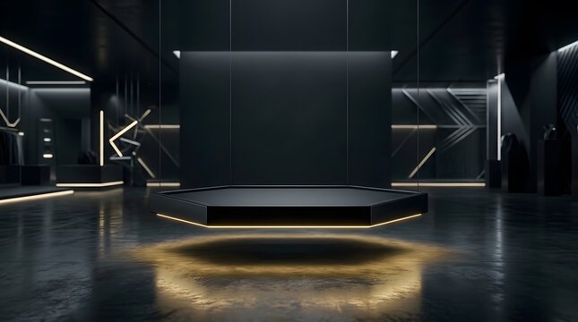 Futuristic floating hexagonal display platform in a dark minimalist showroom with warm ambient lighting and reflective concrete floor