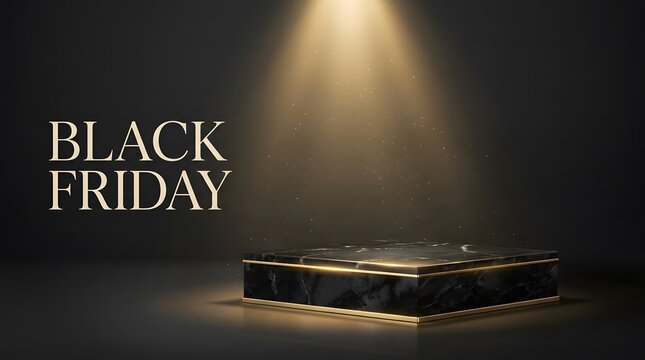 Black friday sale background with a luxury marble podium under a spotlight for product presentation