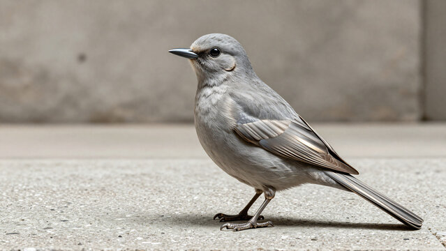 Small grey bird standing on a concrete pavement