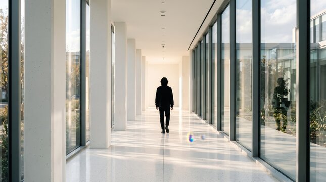 Silhouette of businessman walking down bright modern architectural corridor with large glass windows and white columns symbolizing corporate journey and future success path, 175 chars.