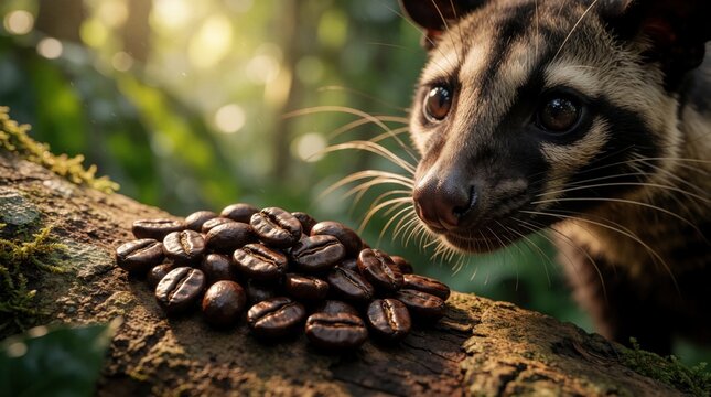 Wild Asian palm civet inspects pile of coffee beans on mossy tree branch. Exotic mammal near coffee cherries. Natural processing of rare coffee.