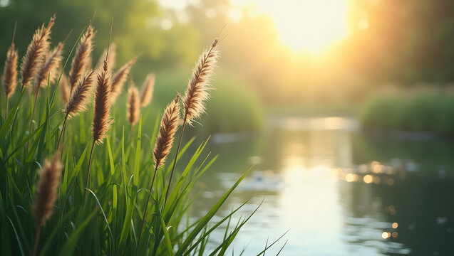 Tall green reeds Phragmites australis with brown seed heads stand by calm river water at sunset golden hour serene nature landscape background photography artistic portrait of wild flora plant outdoor