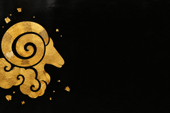 Golden Ram Head on Black Lacquer, Japanese Gold Leaf Illustration with Copy Space